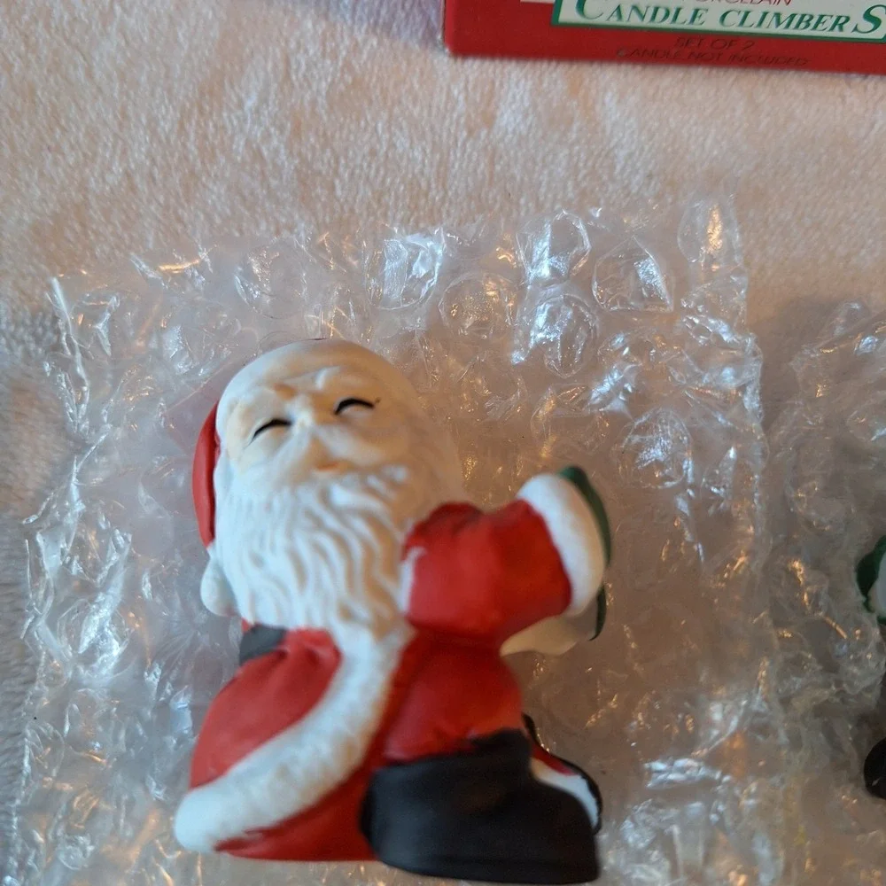 Two New Old Stock Vintage Porcelain Candle Climber‎ Hugger Christmas Santa Bells